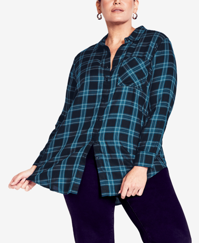 Shop Avenue Plus Size Kylee Check Shirt Top In Navy,teal