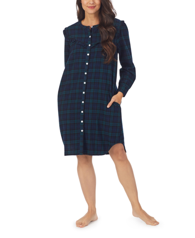 Shop Lanz Of Salzburg Women's Cotton Flannel Short Button Front Sleepshirt Nightgown In Blue,green Plaid