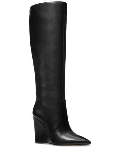 Shop Michael Kors Michael  Women's Isra Leather Side-zip Wedge Tall Boots In Black
