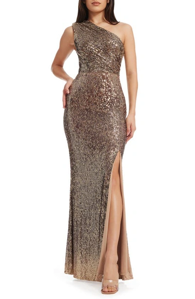 Shop Dress The Population Sariah Sequin One-shoulder Gown In Bronze Multi