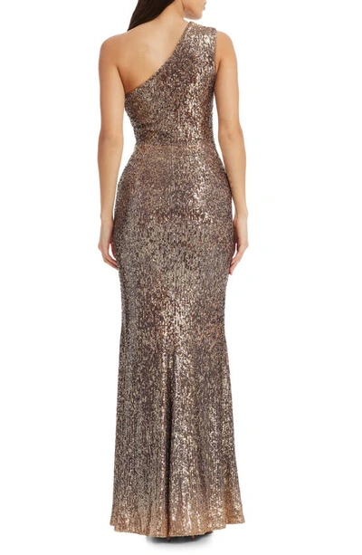 Shop Dress The Population Sariah Sequin One-shoulder Gown In Bronze Multi