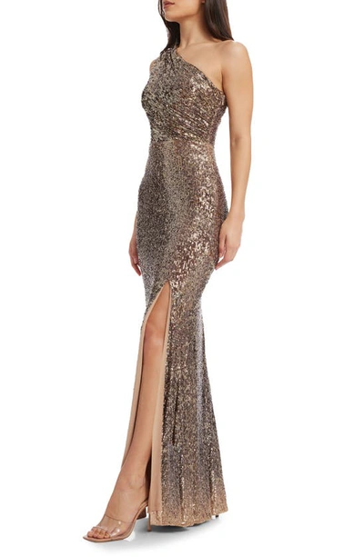 Shop Dress The Population Sariah Sequin One-shoulder Gown In Bronze Multi