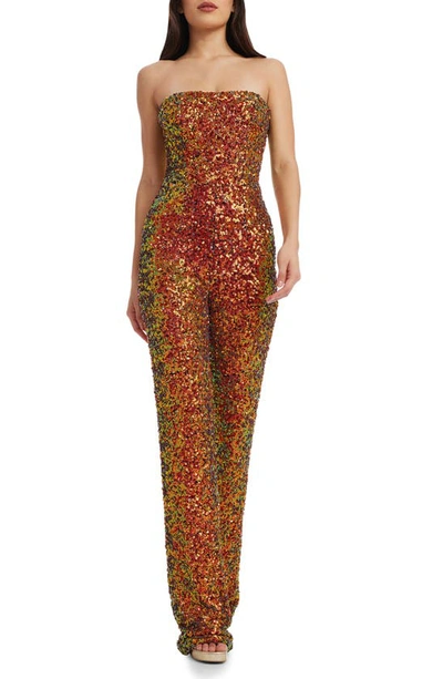 Shop Dress The Population Andy Sequin Strapless Jumpsuit In Cayenne