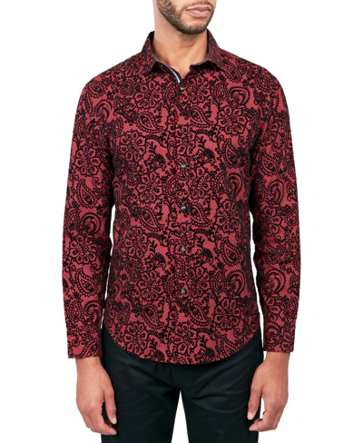 Shop Society Of Threads Men's Regular-fit Flocked Paisley Button-down Shirt In Burgundy