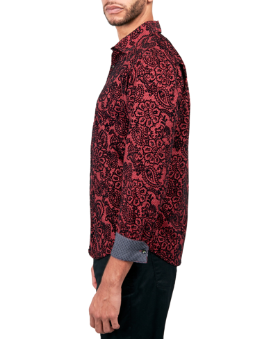 Society Of Threads Men's Regular-fit Flocked Paisley Button-down Shirt In Burgundy