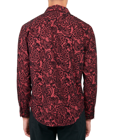 Shop Society Of Threads Men's Regular-fit Flocked Paisley Button-down Shirt In Burgundy