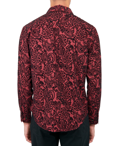 Society Of Threads Men's Regular-fit Flocked Paisley Button-down Shirt In Burgundy