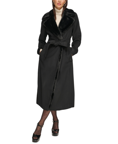 Shop Dkny Women's Faux-fur-trim Maxi Wool Blend Wrap Coat In Black
