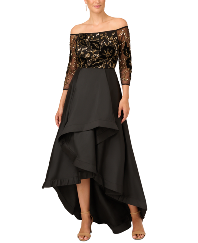 Shop Adrianna Papell Beaded Taffeta-skirt Gown In Black,gold