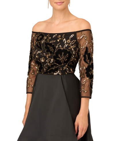 Shop Adrianna Papell Beaded Taffeta-skirt Gown In Black,gold