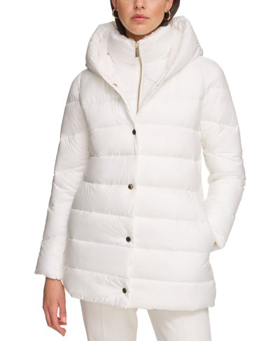 Shop Calvin Klein Women's Bibbed Hooded Puffer Coat, Created For Macy's In Eggshell
