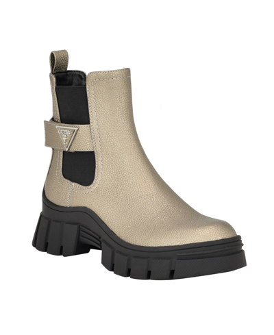 Guess Women's Hensly Lug Sole Side Gore Chelsea Booties In Pewter- Faux Leather- Polyurethane,text