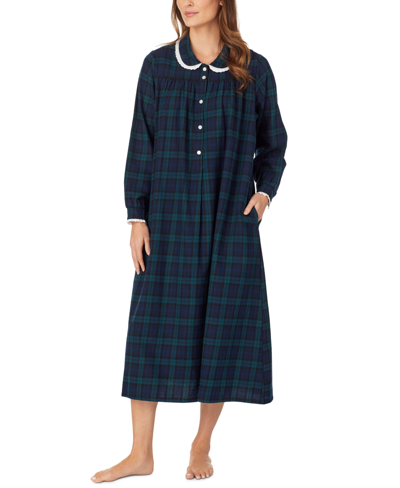 Shop Lanz Of Salzburg Cotton Lace-trim Flannel Nightgown In Blue,green