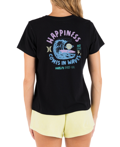 Shop Hurley Juniors' Be Happy Classic Graphic Cotton T-shirt In Black