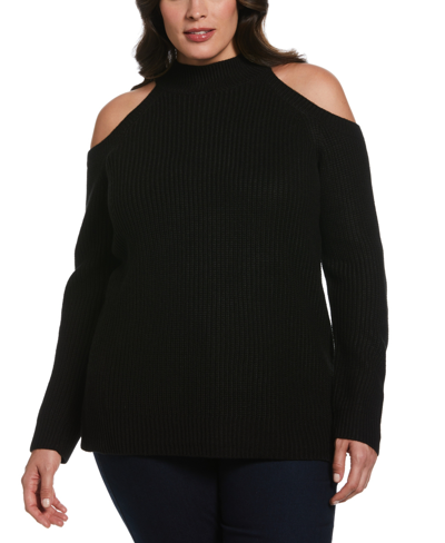 Shop Ella Rafaella Plus Size Cold Shoulder Long Sleeve Tunic Sweater In Black