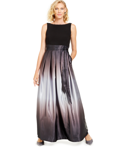 Sl Fashions Ombre Satin Bow Sash Gown In Black,silver