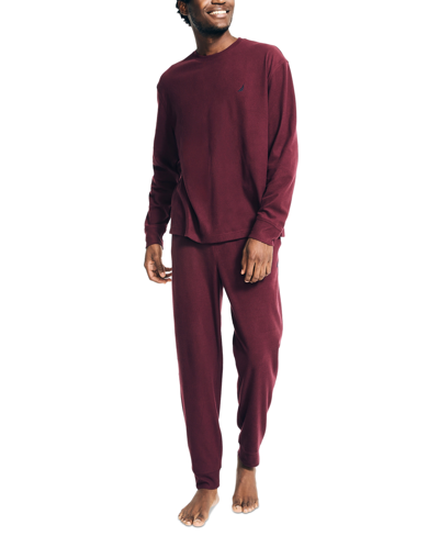 Shop Nautica Men's 2-pc. Relaxed-fit Waffle-knit T-shirt & Pajama Pants Set In Royal Burgundy