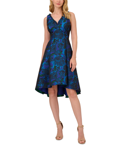 Shop Adrianna Papell Women's V-neck High-low Jacquard Dress In Blue Multi
