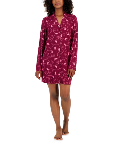 Shop Jenni Women's Notched-collar Long-sleeve Sleepshirt, Created For Macy's In Xmas Light Smpl