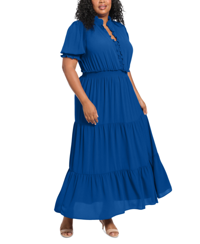 Shop London Times Plus Size Smocked Tiered Maxi Dress In Dirblue