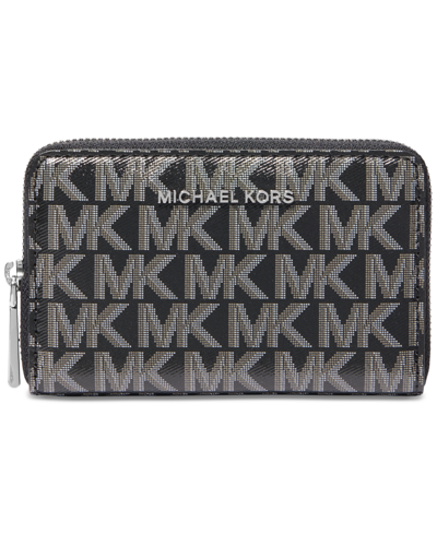 Shop Michael Kors Michael  Logo Jet Set Small Zip Around Card Case In Gift Box In Opt,allum