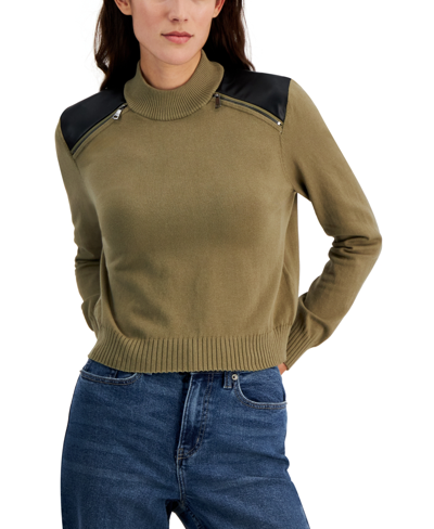 Shop Dkny Jeans Women's Faux Leather Trim Zipper Sweater In Light Fatigue,black