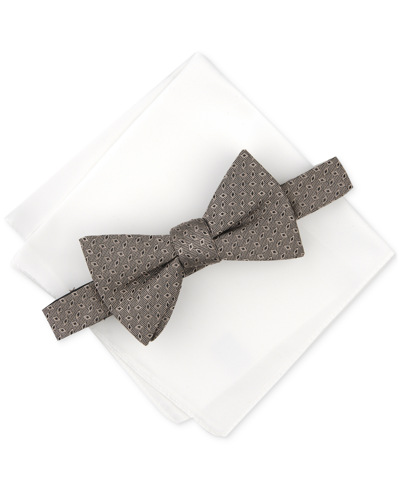 Shop Alfani Men's Lunar Geo-print Bow Tie & Solid Pocket Square Set, Created For Macy's In Taupe