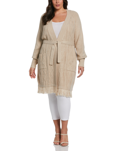 Shop Ella Rafaella Plus Size Fringe Long Sleeve Duster Sweater In Wheat Heather