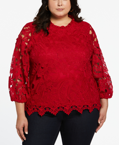 Shop Ella Rafaella Plus Size 3/4 Sleeve Lace Top In Ruby