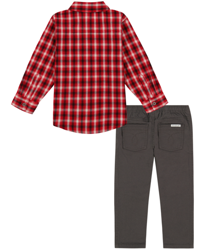 Shop Calvin Klein Baby Boys Plaid Long Sleeve Button Front Shirt And Prewashed Twill Pants, 2 Piece Set In Red