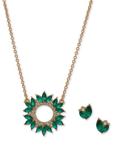 Shop Anne Klein Gold-tone Crystal & Green Stone Cluster Pendant Necklace & Stud Earrings Set