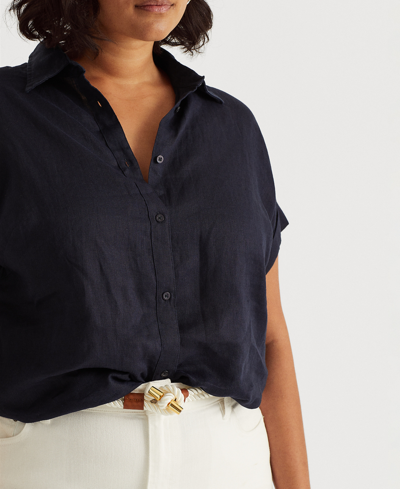 Ralph Lauren Plus Size Linen Dolman Sleeve Top In Lauren Navy