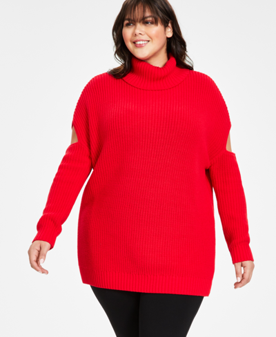 Shop Bar Iii Plus Size Cutout Turtleneck Sweater, Created For Macy's In Cherry Candy