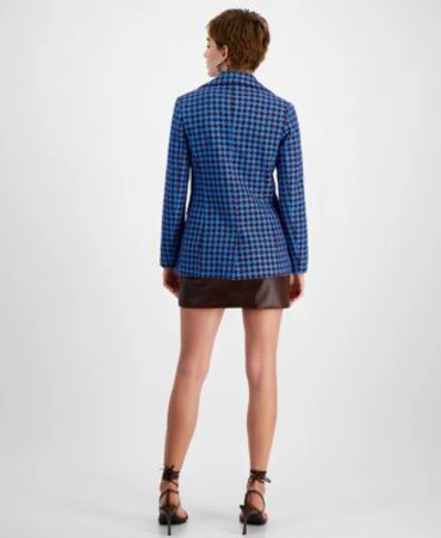 Shop Avec Les Filles Womens Houndstooth Tweed Blazer Faux Leather Tie Waist Mini Skirt In Burgundy,blue Houndstooth