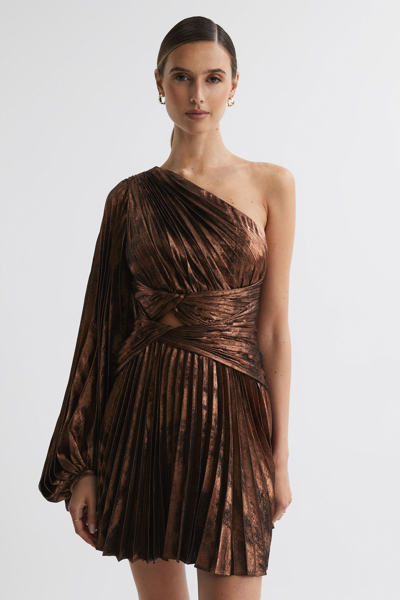 Shop Acler One-shoulder Pleated Metallic Mini Dress In Bronze