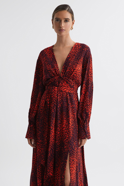 Reiss Red Maya Petite Animal Print Blouson Sleeve Midi Dress In Red
