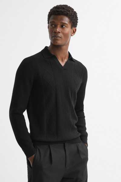 Shop Reiss Malik - Black Wool Open Collar Top, L