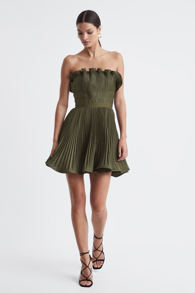 Shop Amur Strapless Pleated Mini Dress In Olive