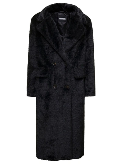 Shop Apparis 'astrid' Black Double-breasted Coat With Revers Collar In Faux Fur Woman