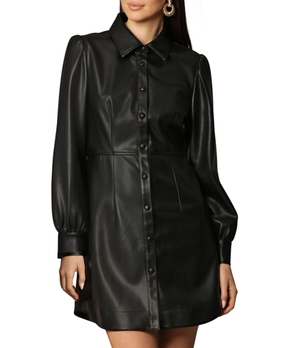 Shop Avec Les Filles Women's Faux-leather Collared Shirtdress In Black