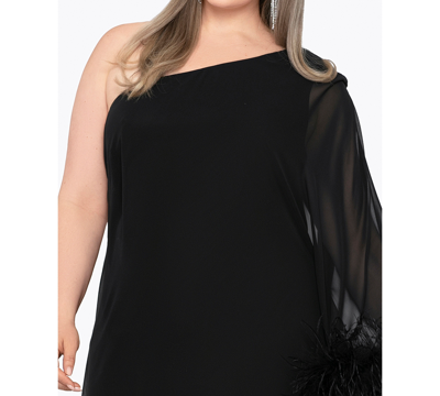 Shop Betsy & Adam Plus Size One-shoulder Feather-trimmed Dress In Black