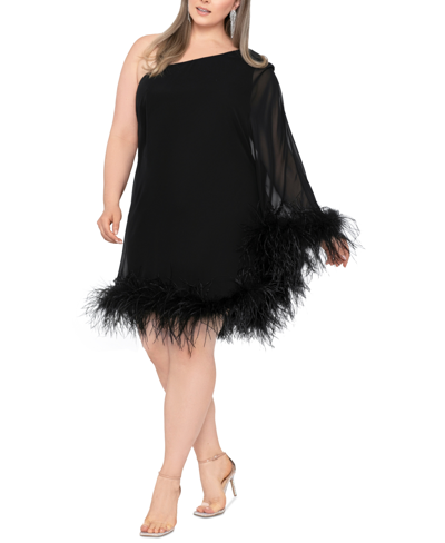 Shop Betsy & Adam Plus Size One-shoulder Feather-trimmed Dress In Black