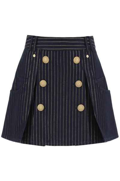 Shop Balmain Pinstriped-denim Mini Skirt In Blue,gold