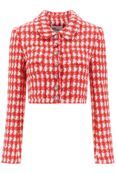 Shop Self-portrait Check Bouclé Tweed Cropped Jacket In White,red