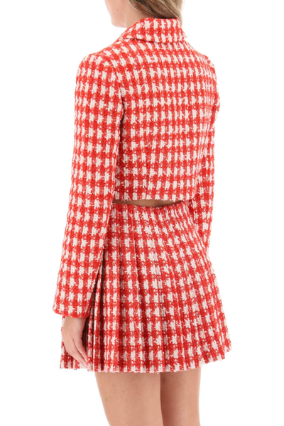 Shop Self-portrait Check Bouclé Tweed Cropped Jacket In White,red