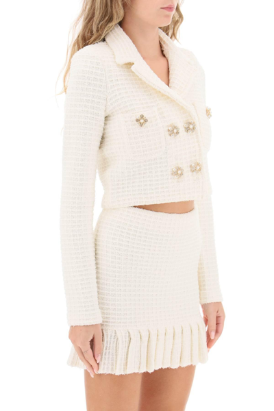 Shop Self-portrait Cropped Jacket In Sequin Knit In White