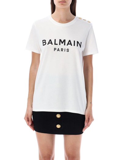 Shop Balmain Flocked Paris T-shirt In White/black