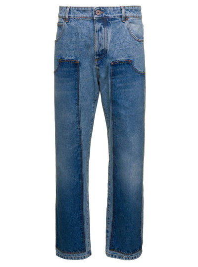 Shop Balmain Light Blue Patchwork Straight Jeans With Logo Patch In Cotton Denim Man