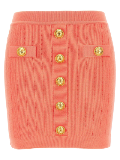 Shop Balmain Logo Button Knit Skirt In Pink