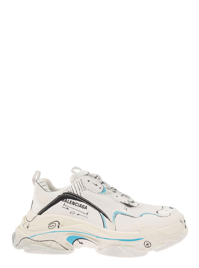 Shop Balenciaga Triple S White Low Top Sneakers With Contrasting Sketch Print In Mix Of Tech Materials Ma